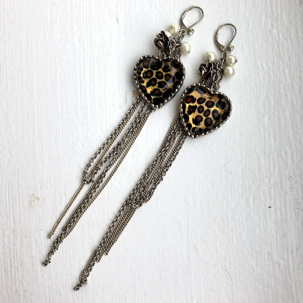 Betsy Johnson Cheetah Heart Long Earrings